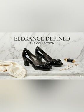 Tahari Layla Black Patent Leather Peep Toe Block Heel Pumps Size 6.5